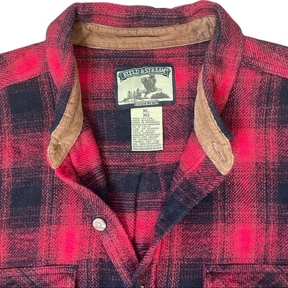 VINTAGE 1990’s FIELD & STREAM CORDUROY TRIMMED PLAID FLANNEL LONG SLEEVE SHIRT - Picture 7 of 12
